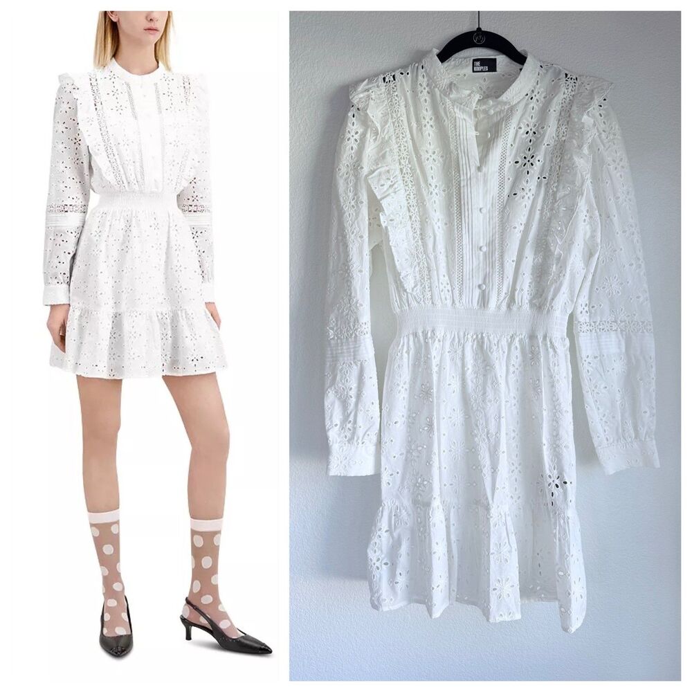 NEW The Kooples Cotton Eyelet Lace Long Sleeve Cottagecore Mini Dress in White